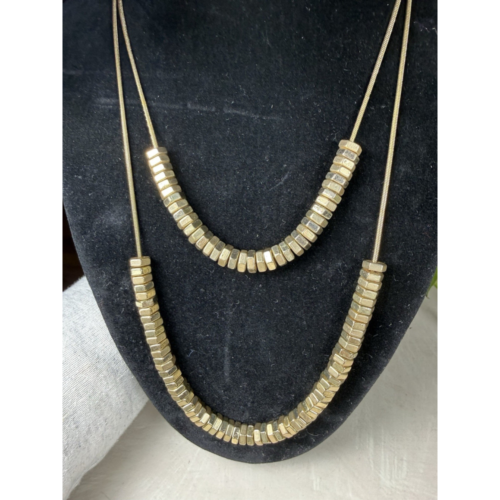 Layered Gold Tone Necklace Double Strand Snake Chain Modern Minimalist Hex Nut